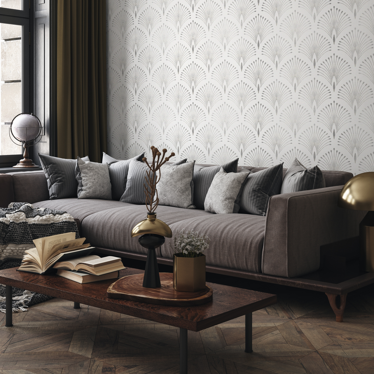 Art Deco Wallpaper with a Scalloped Fan Motif in Gray - detail view