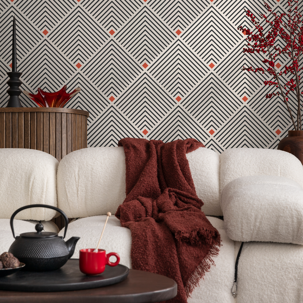 Geometric Wallpaper with an Angular Chevron Motif in Black and Red - detail view