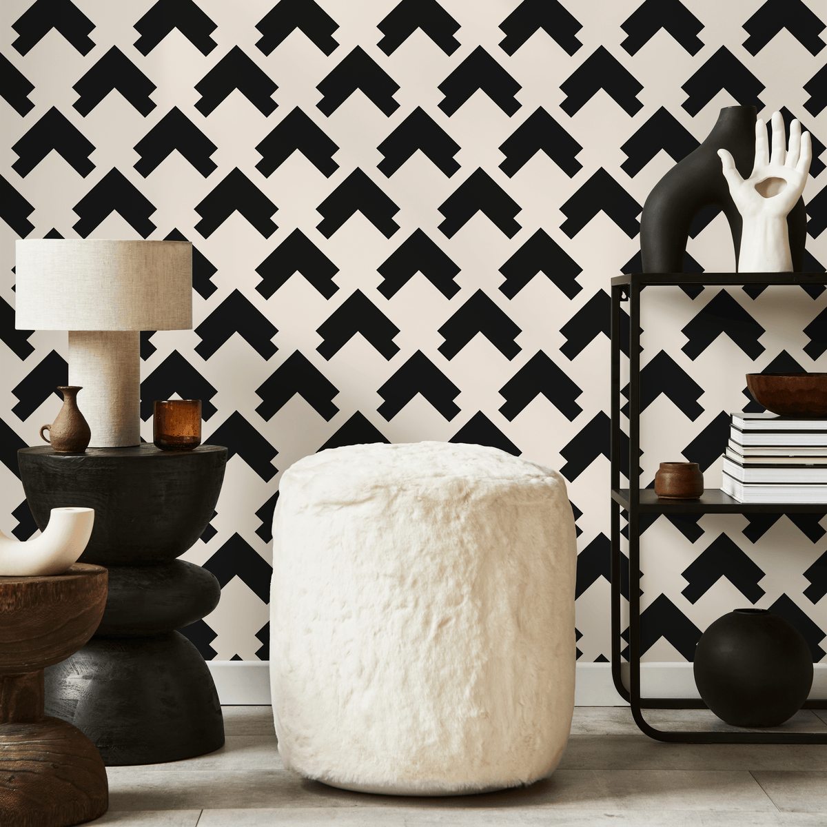 Geometric Wallpaper with a Bold Arrow Pattern in Black and Beige - detail view