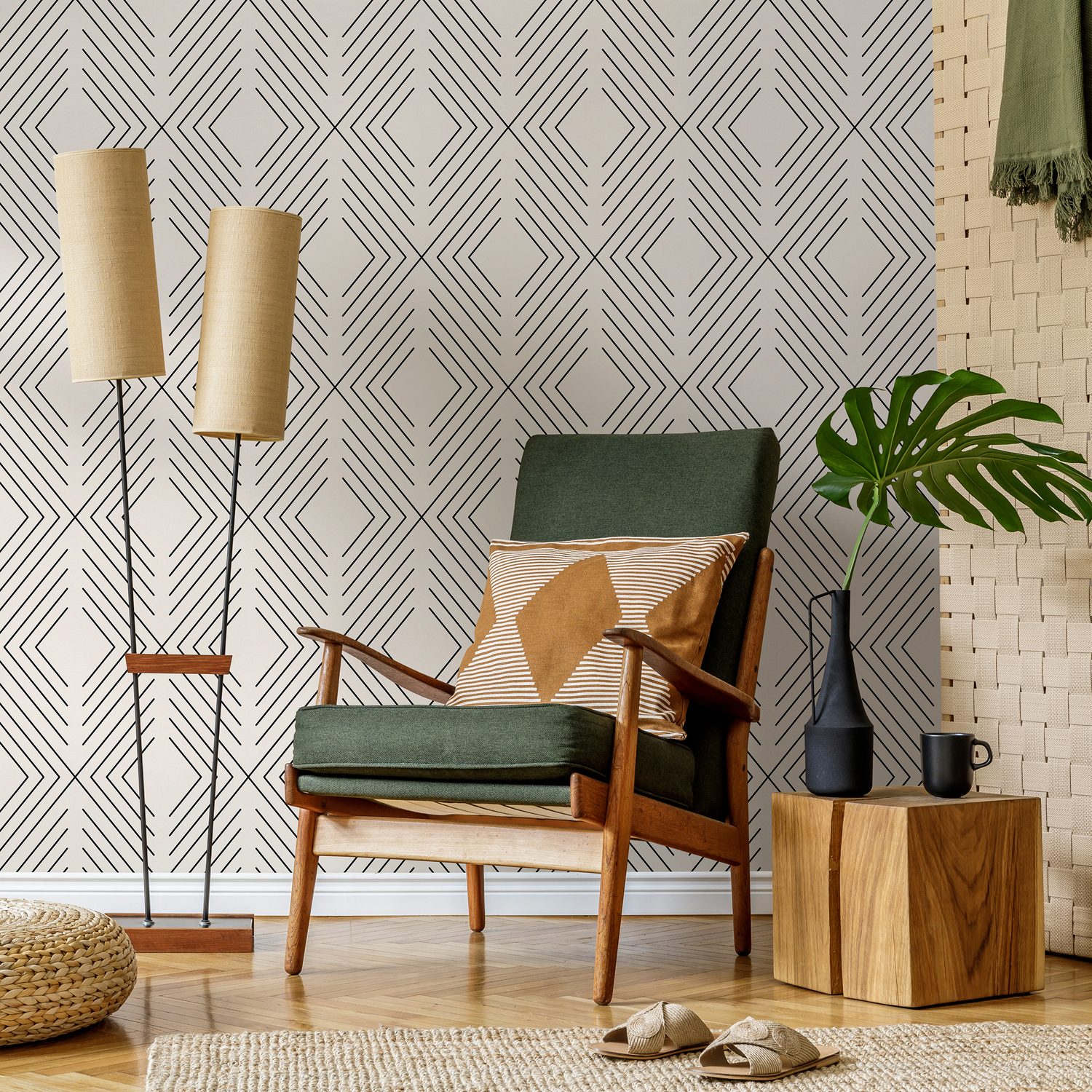 Papier peint géométrique noir et beige / Papier peint autocollant amovible Décoration d'intérieur Art mural Décoration murale Décoration de chambre -C734