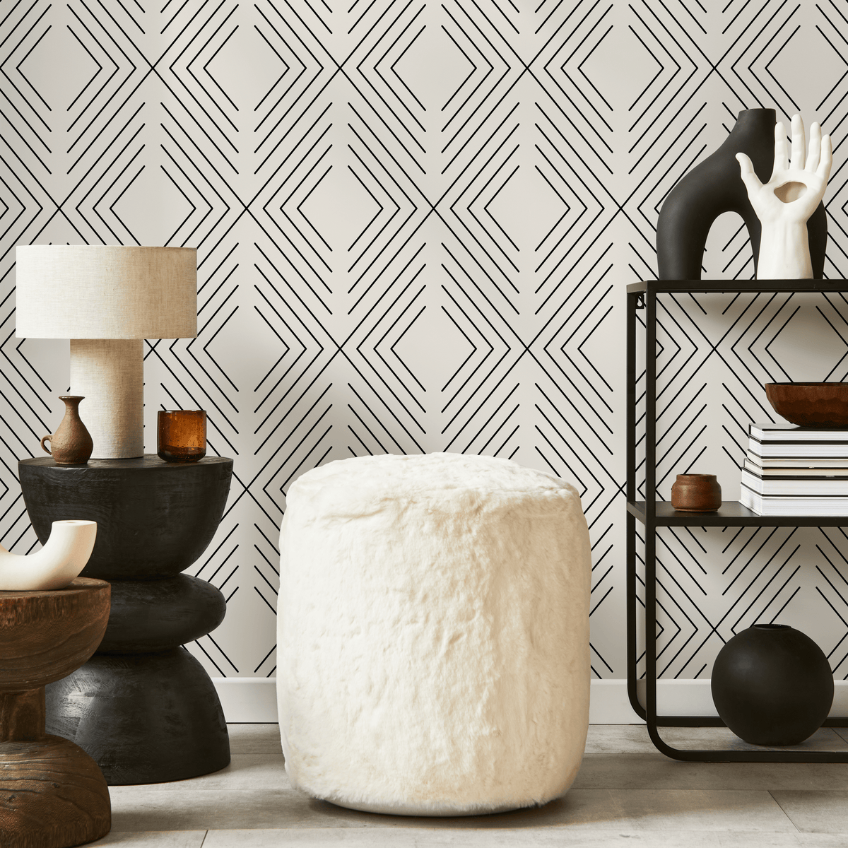 Geometric Wallpaper with a Nested Diamond Motif in Black and Beige - detail view
