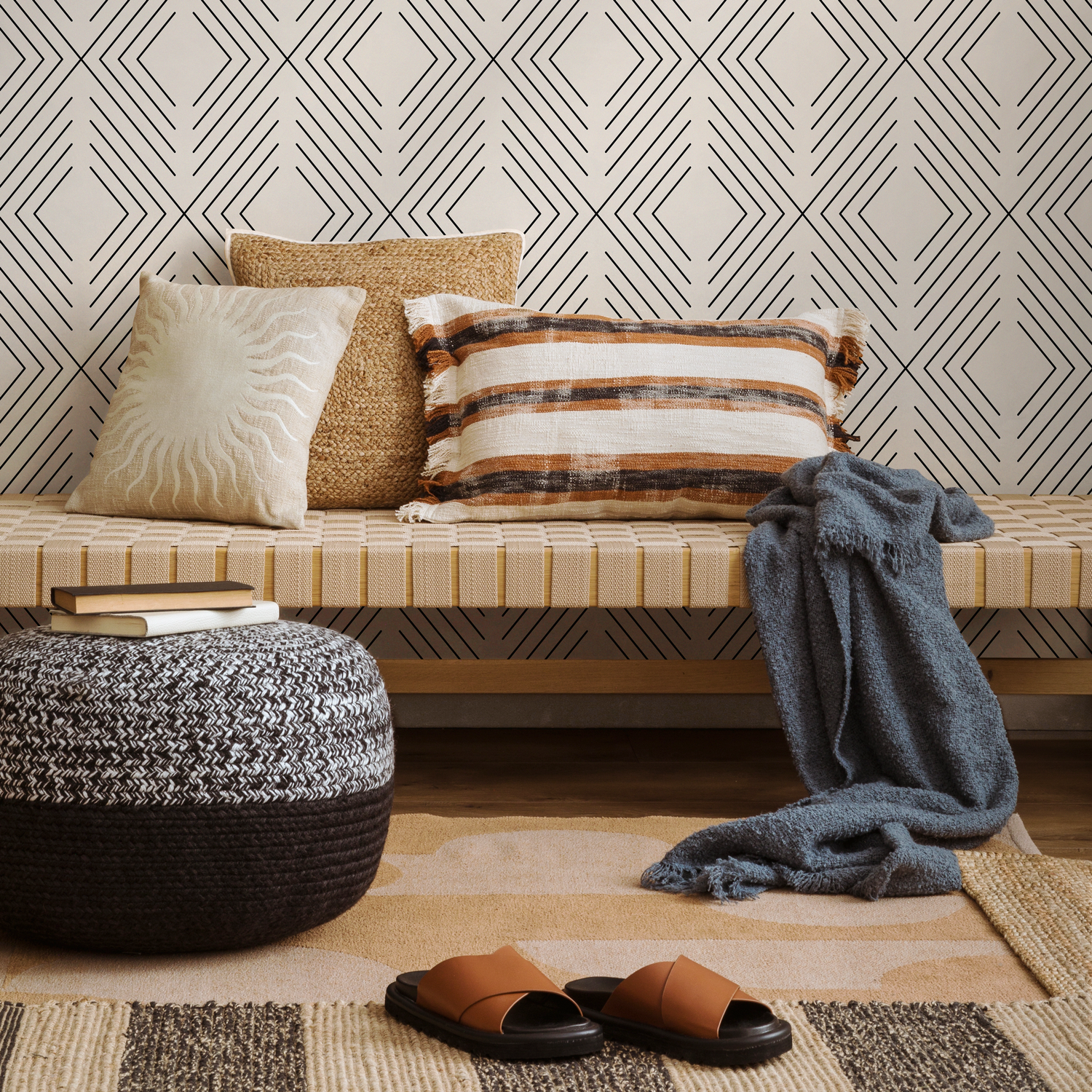 Papier peint géométrique noir et beige / Papier peint autocollant amovible Décoration d'intérieur Art mural Décoration murale Décoration de chambre -C734