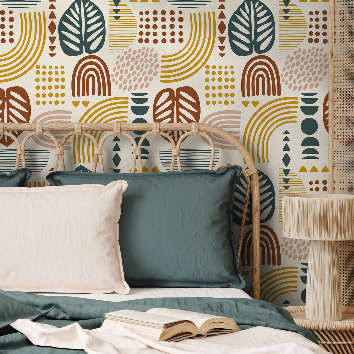 Abstract Wallpaper with Organic Shapes and Leaves in Green, Brown, and Mustard - detail view