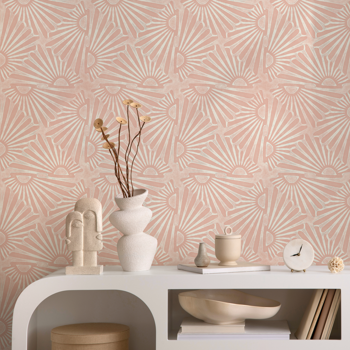 Boho Wallpaper with a Sunburst Motif in Pink and Cream - detail view