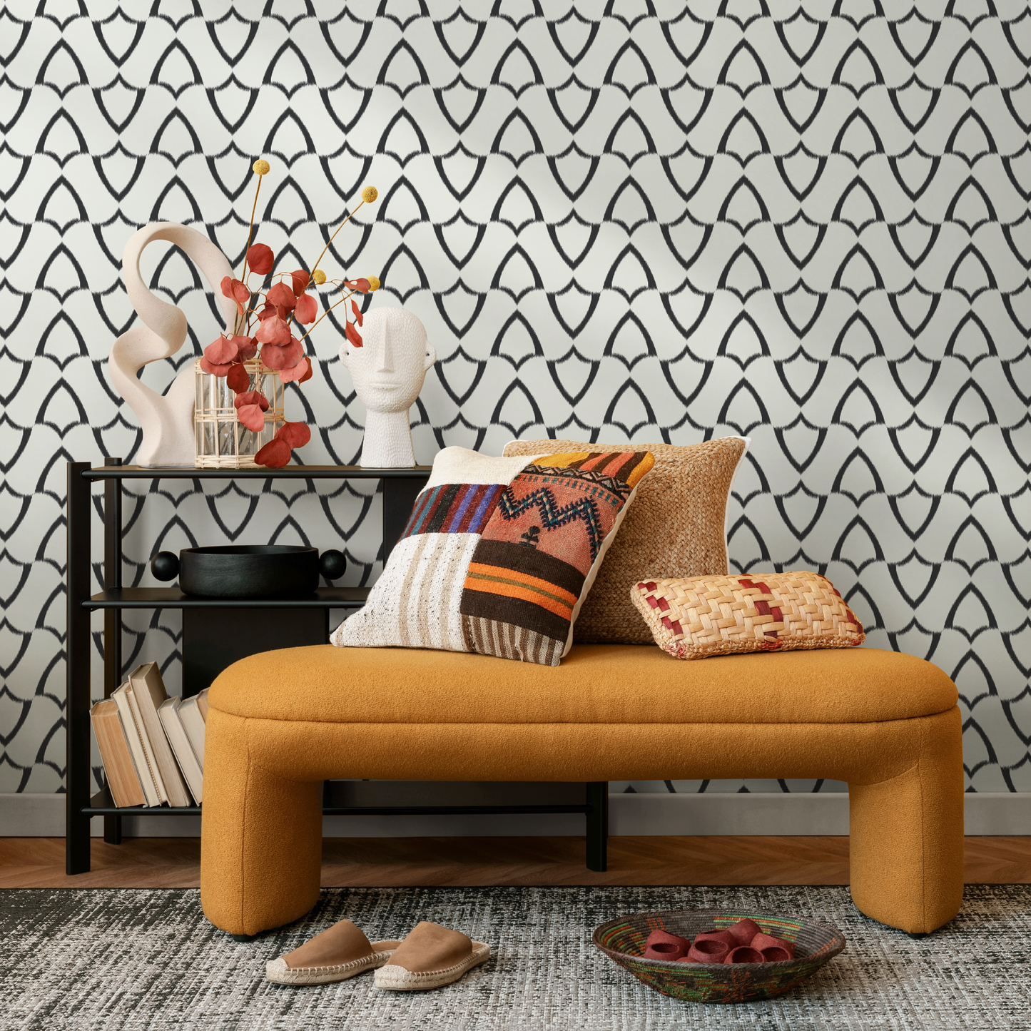 Beige and Black Boho Wallpaper / Peel and Stick Wallpaper Removable Wallpaper Home Decor Wall Art Wall Decor Room Decor - C737