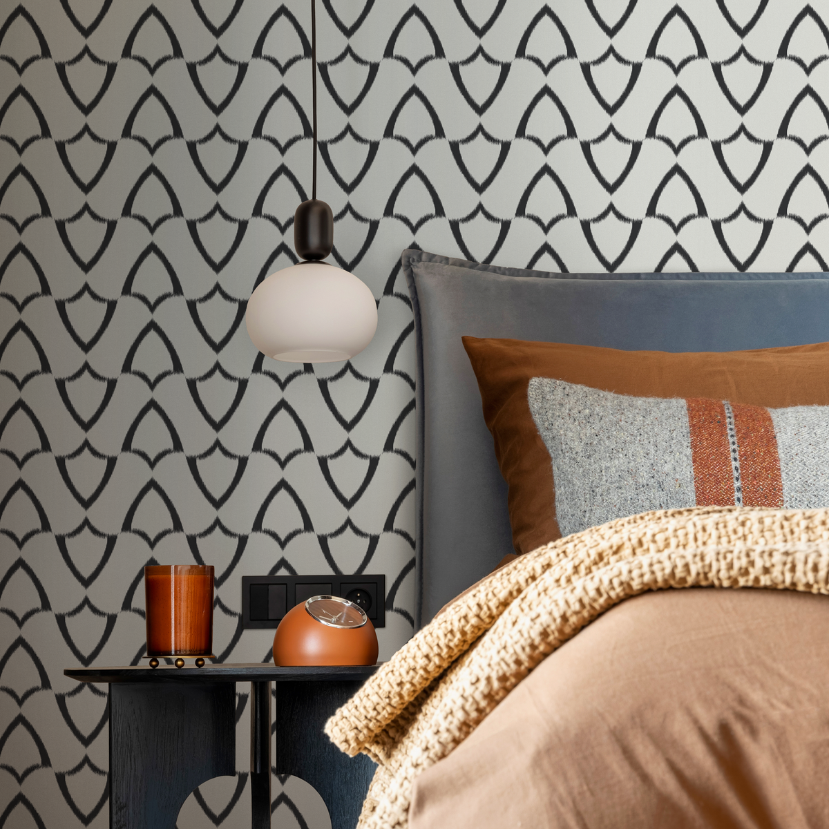 Ikat Wallpaper with a Rhythmic Scalloped Motif in Black and Off-White - detail view