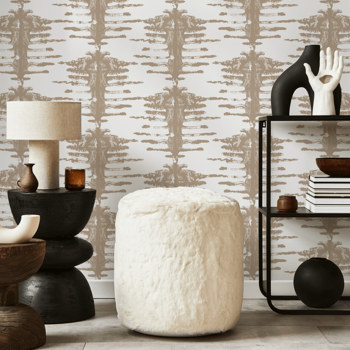 Abstract Wallpaper with a Stamped Tribal Motif in Taupe and White - detail view