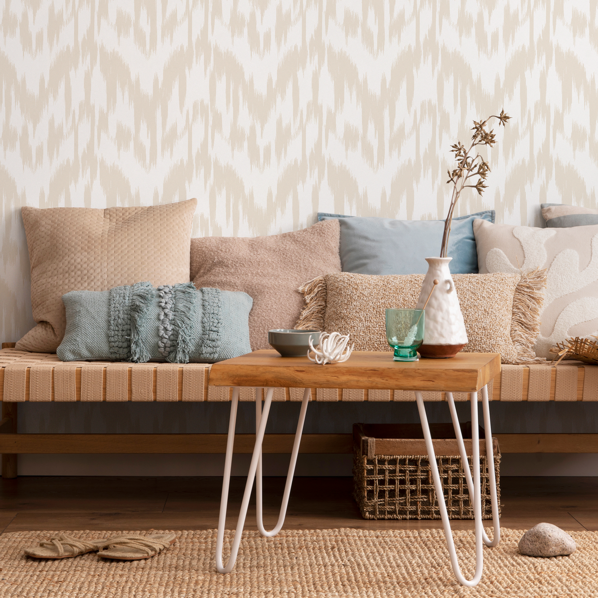 Boho Wallpaper with an Abstract Ikat Motif in Beige - detail view