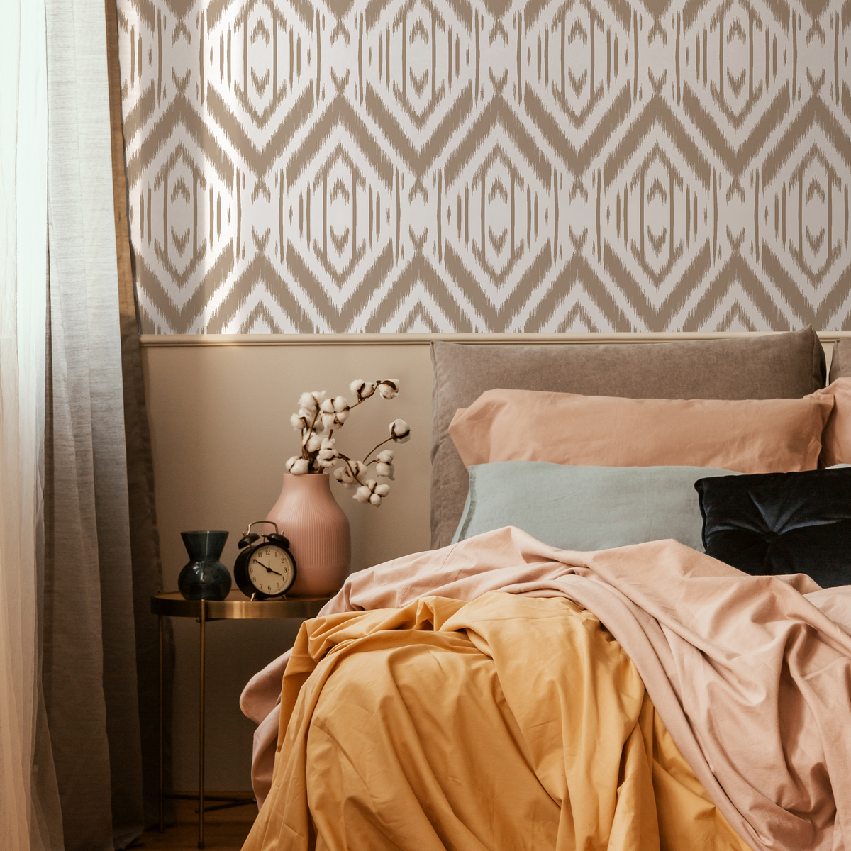 Tribal Wallpaper with an Ikat Diamond Pattern in Beige - detail view
