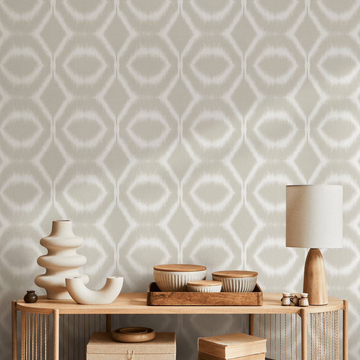 Geometric Wallpaper with an Ikat Diamond Motif in Beige and White - detail view