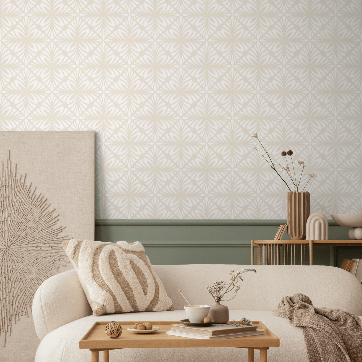 Art Deco Wallpaper with a Stylized Fan Motif in Beige and Cream - detail view