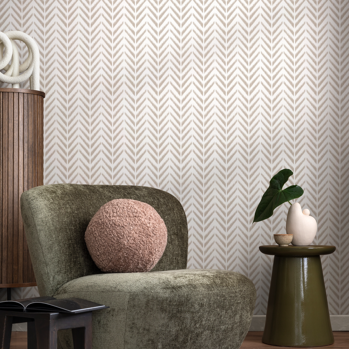 Minimalist Ikat-Style Herringbone Wallpaper in Beige - detail view