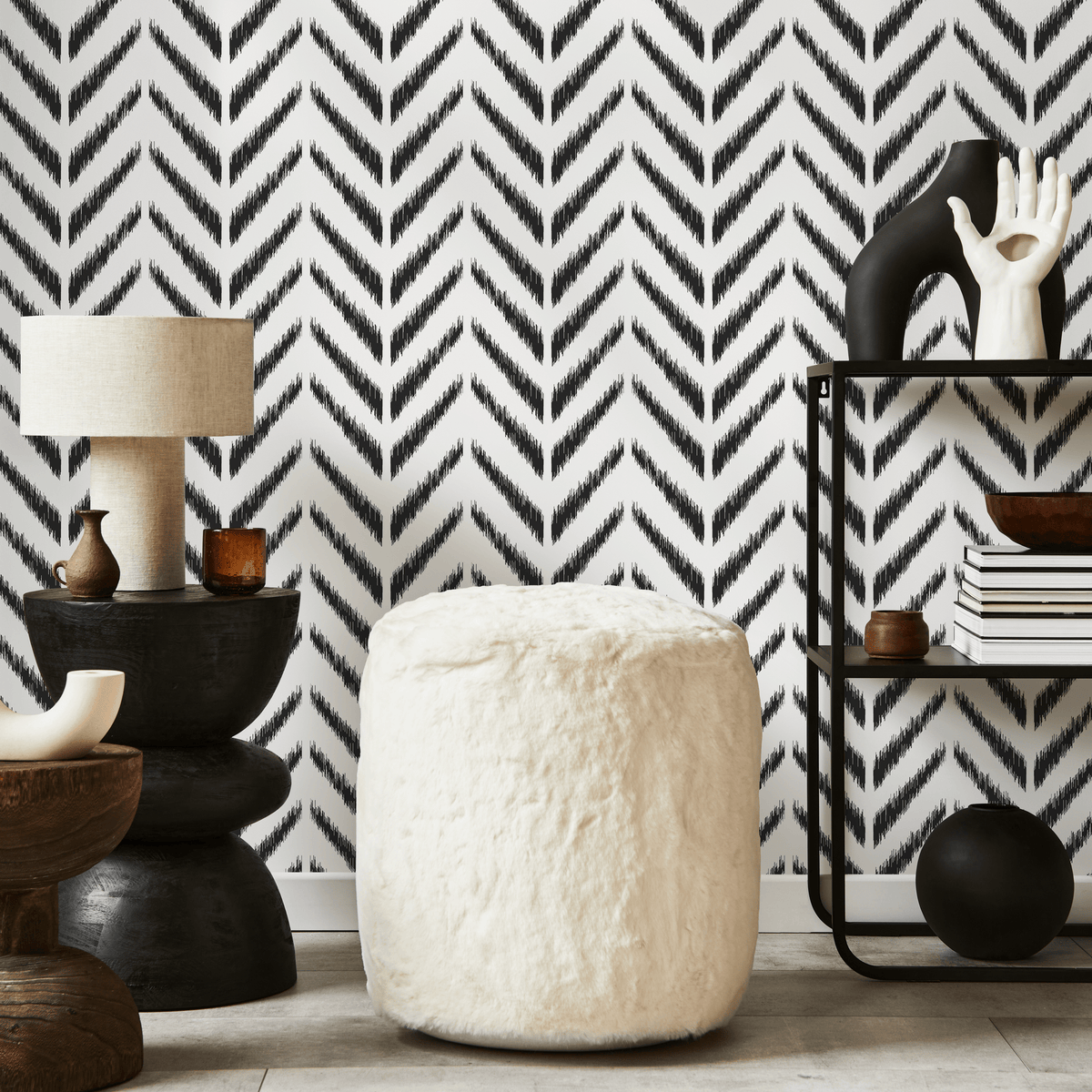 Boho Wallpaper with a Hand-Drawn Herringbone Motif in Black and White - detail view