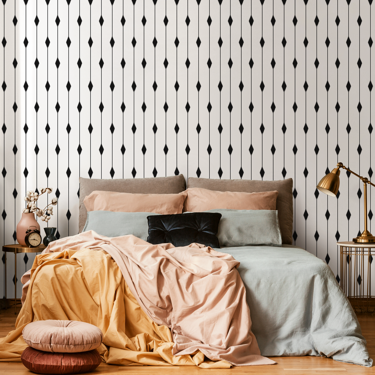 Vertical Diamond Stripe Wallpaper in Black and White - detail view