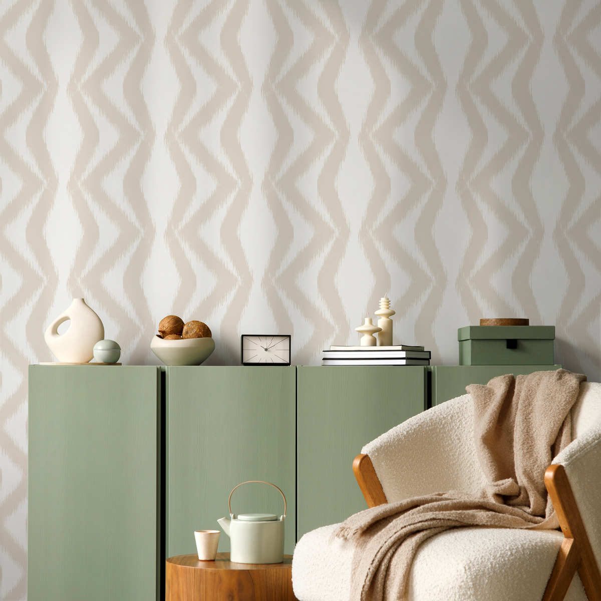 Abstract Wallpaper with a Boho Ikat Motif in Beige and White - detail view