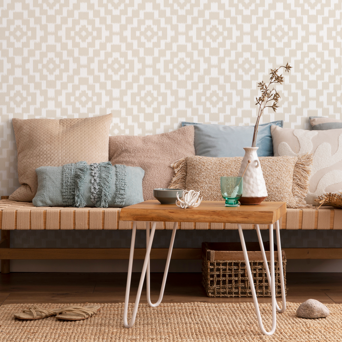 Geometric Wallpaper with a Neutral Ikat Motif in Beige and Cream - detail view