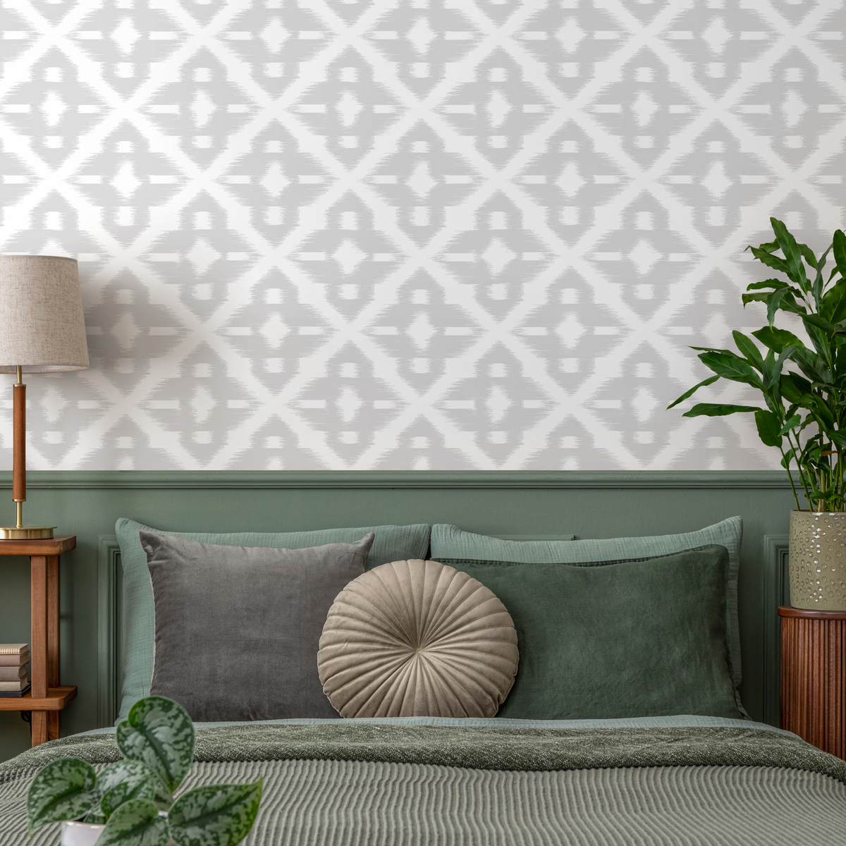 Geometric Wallpaper with an Ikat Trellis Motif in Light Gray - detail view