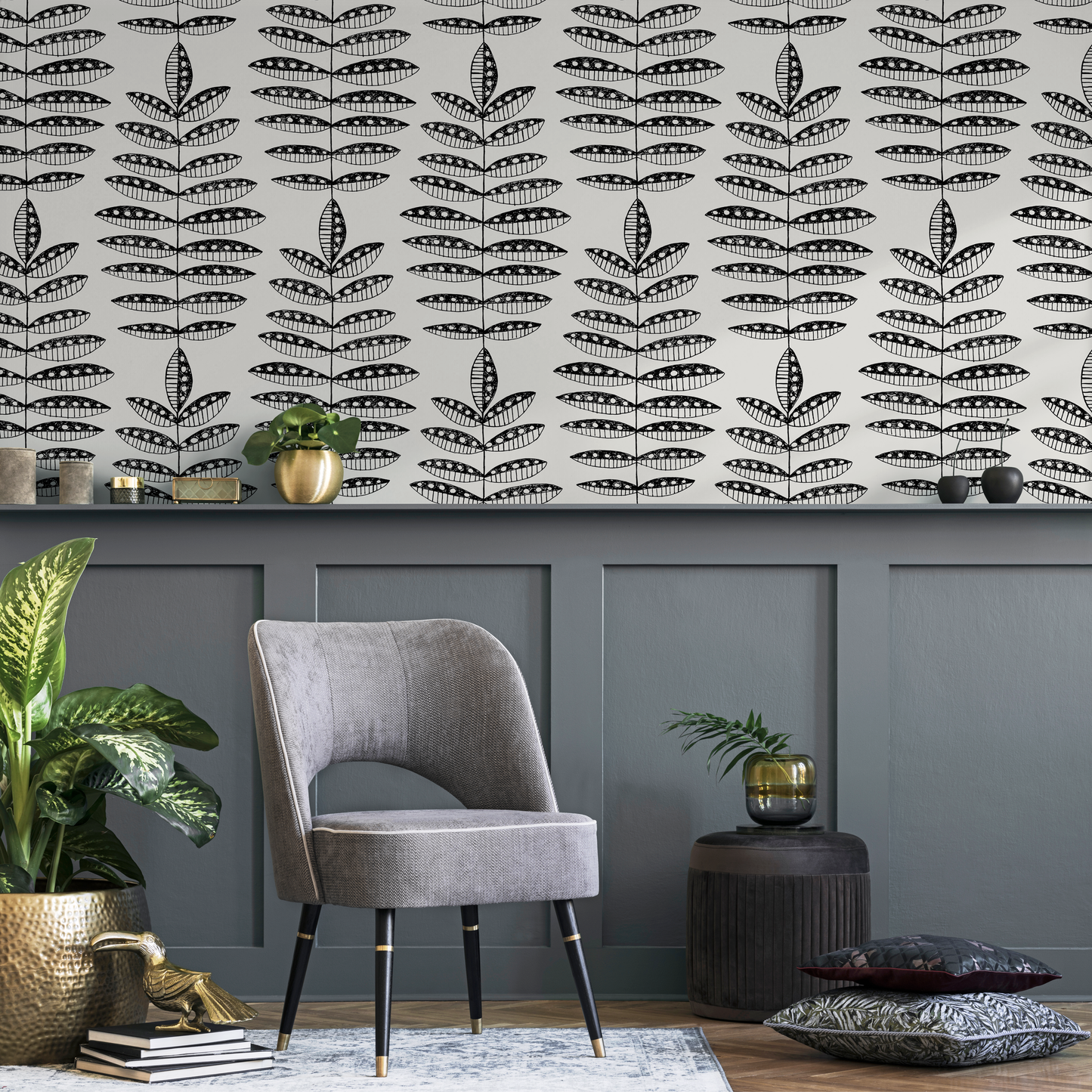 Black Boho Leaf Wallpaper / Peel and Stick Wallpaper Removable Wallpaper Home Decor Wall Art Wall Decor Room Decor - C760