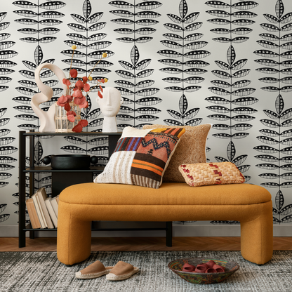 Black Boho Leaf Wallpaper / Peel and Stick Wallpaper Removable Wallpaper Home Decor Wall Art Wall Decor Room Decor - C760