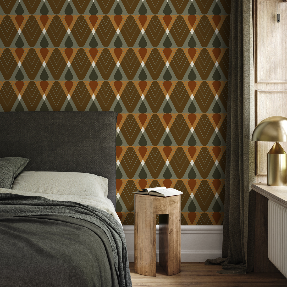 Geometric Wallpaper with a Retro Diamond Pattern in Brown, Green, and Orange - detail view