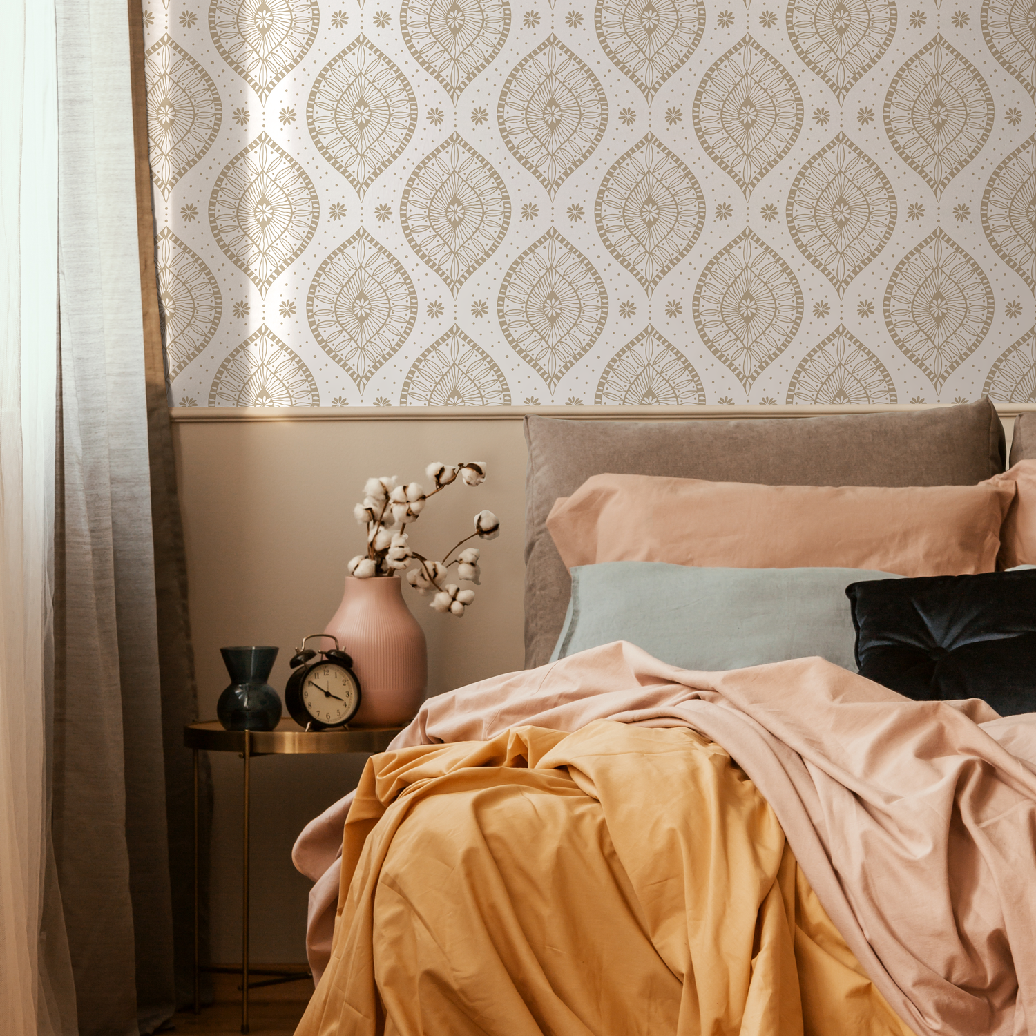 Papel pintado bohemio con diseño de mandala beige, autoadhesivo, extraíble, para decoración del hogar, arte de pared, decoración de habitaciones - C764