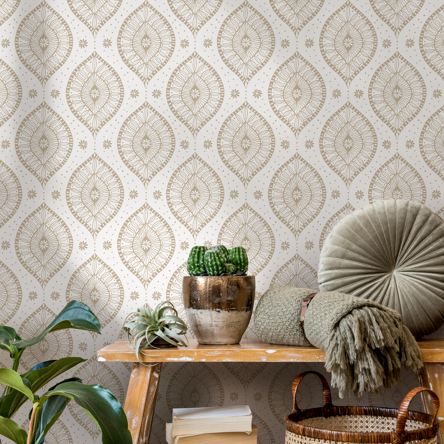 Papel pintado bohemio con diseño de mandala beige, autoadhesivo, extraíble, para decoración del hogar, arte de pared, decoración de habitaciones - C764