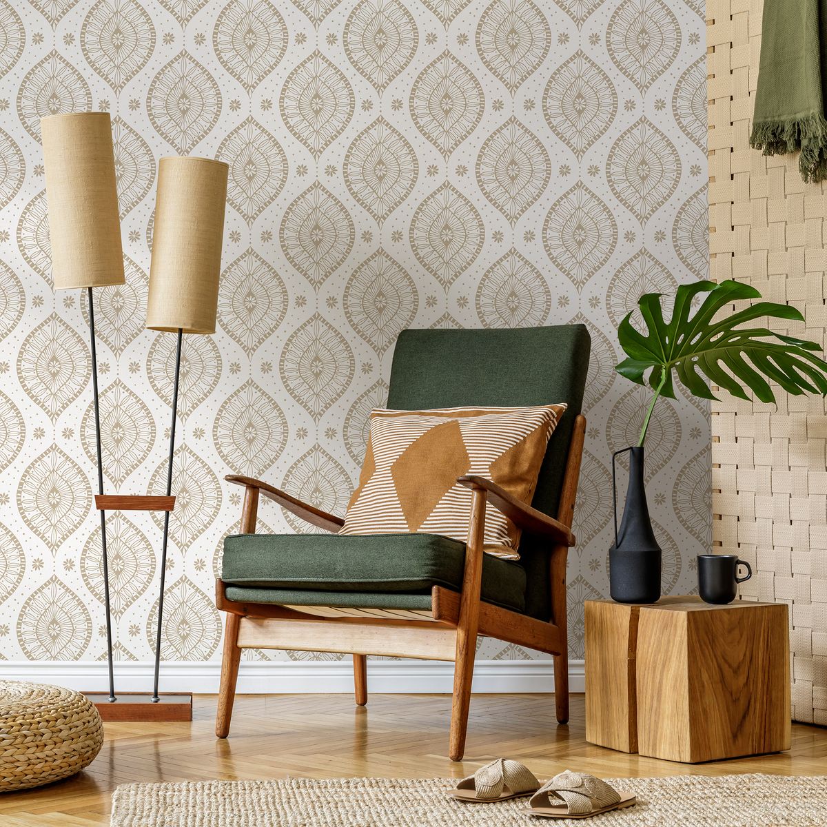 Boho Wallpaper with an Intricate Medallion Motif in Taupe - detail view