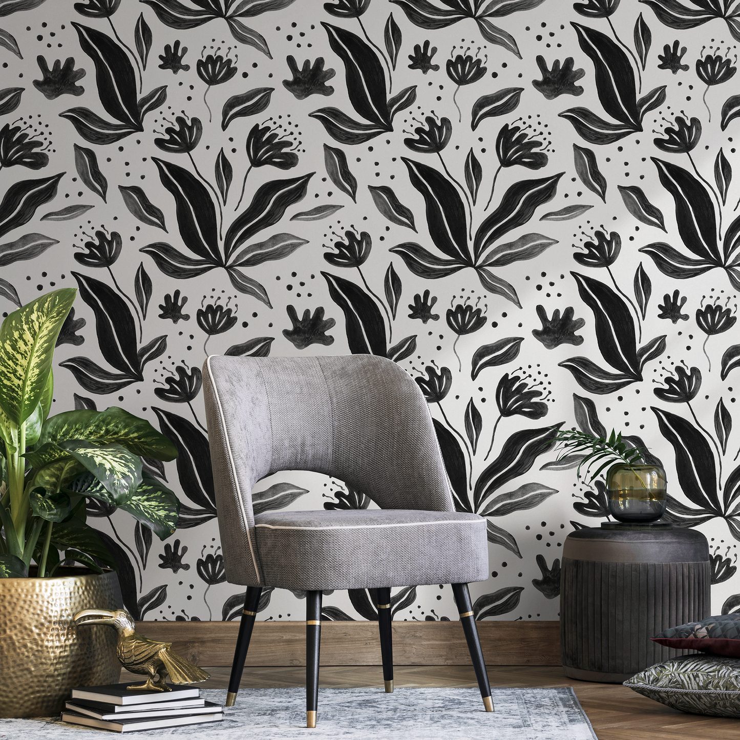 Black Floral Hand Painted Wallpaper / Peel and Stick Wallpaper Removable Wallpaper Home Decor Wall Art Wall Decor Room Decor -C766