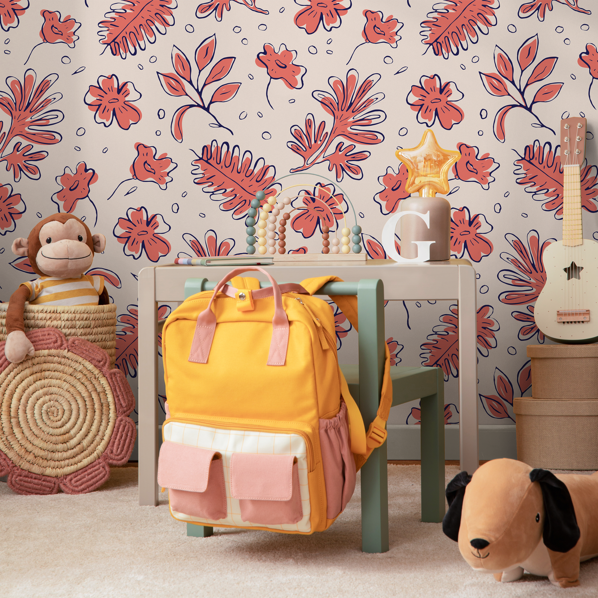 Floral Wallpaper with a Stylized Botanical Print in Coral, Beige, and Blue - detail view