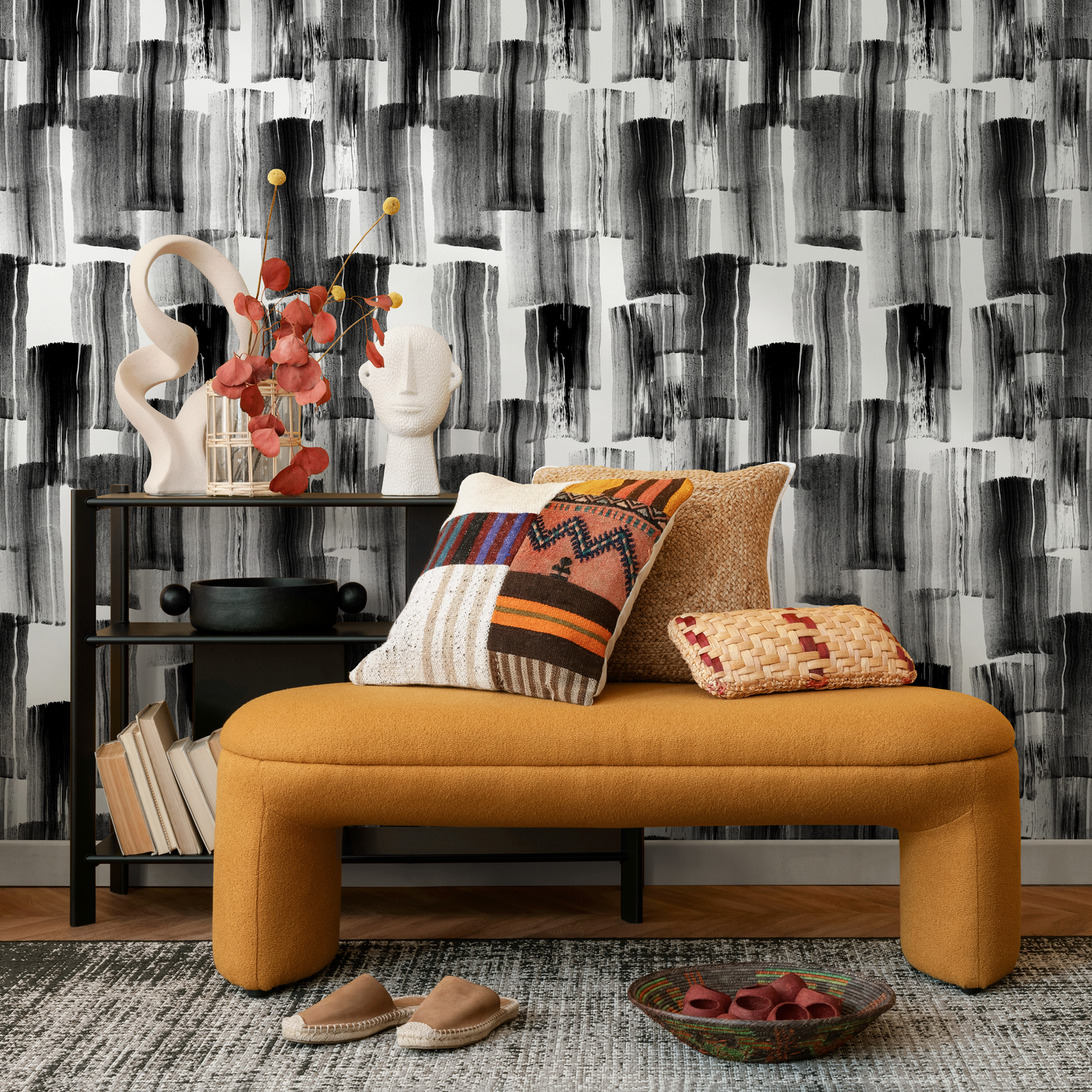 Papel pintado de pincel blanco y negro / Papel pintado autoadhesivo / Papel pintado removible / Decoración del hogar / Arte de pared / Decoración de habitaciones - C769