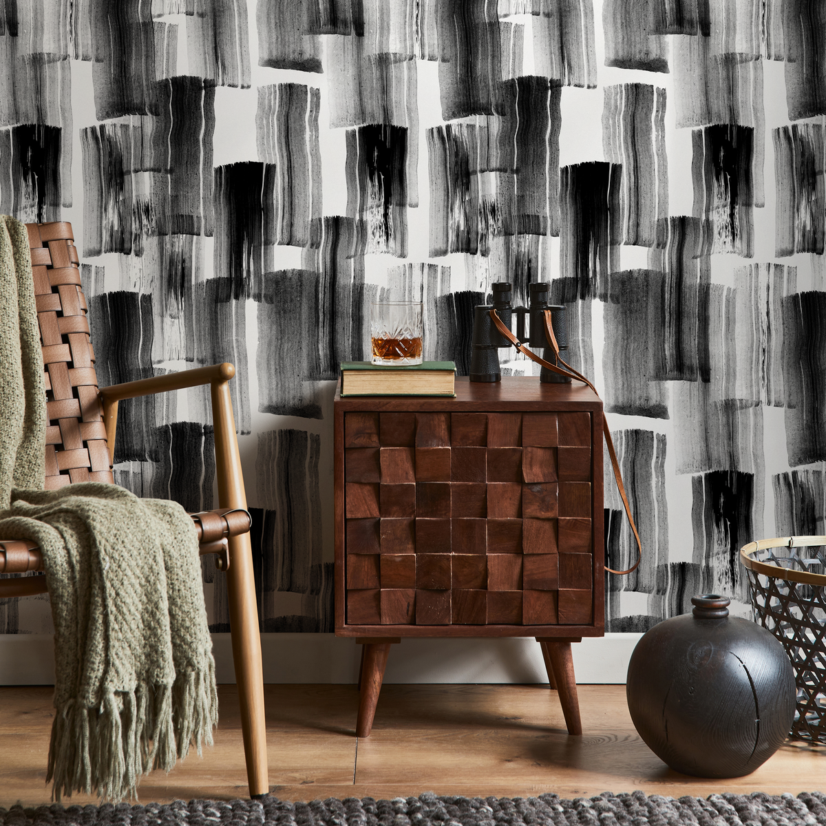 Abstract Wallpaper with Painterly Brush Strokes in Black and White - detail view