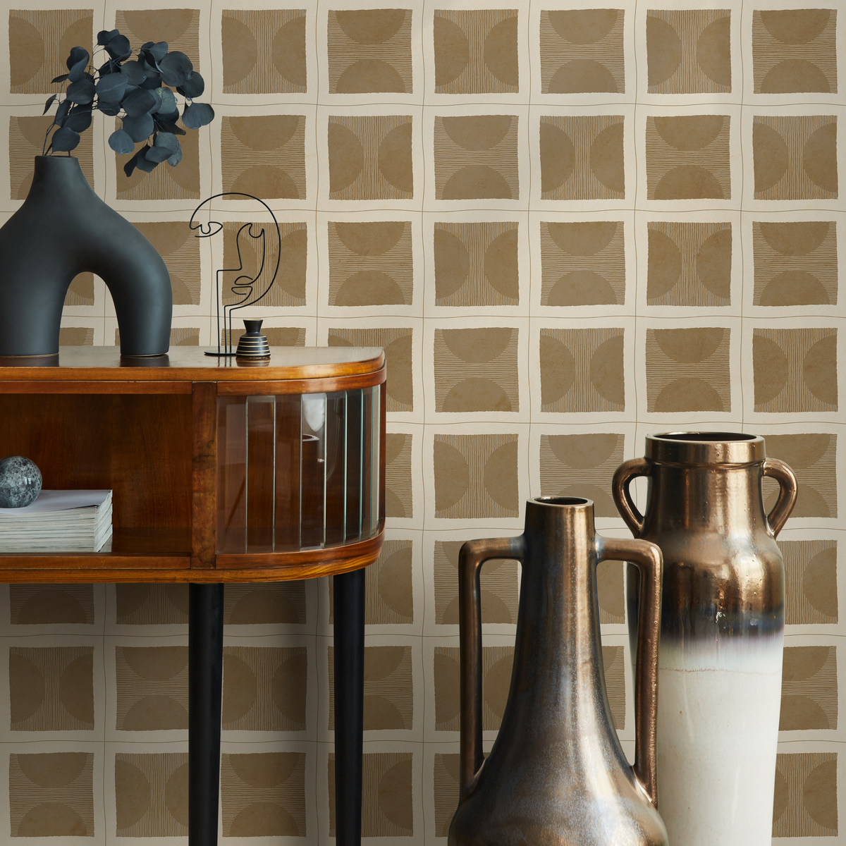 Geometric Wallpaper with Hand-Drawn Square Tiles in Beige and Brown - detail view