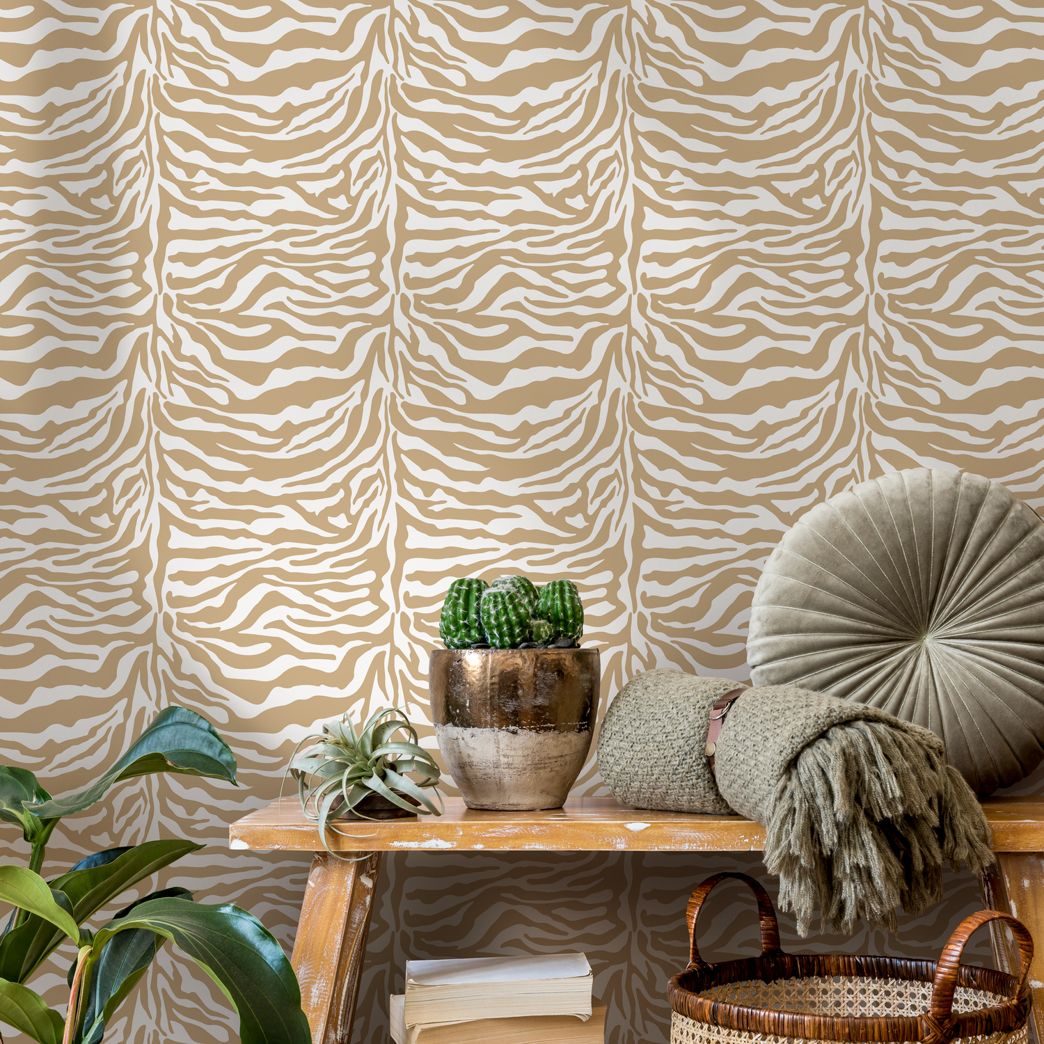 Papel pintado abstracto de cebra beige / Papel pintado autoadhesivo / Papel pintado extraíble / Decoración del hogar / Arte de pared / Decoración de habitación - C772