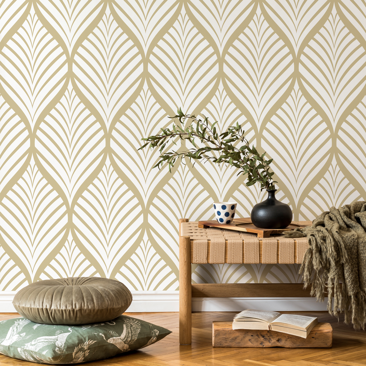 Art Deco Wallpaper with a Stylized Leaf Motif in Beige and Gold - detail view