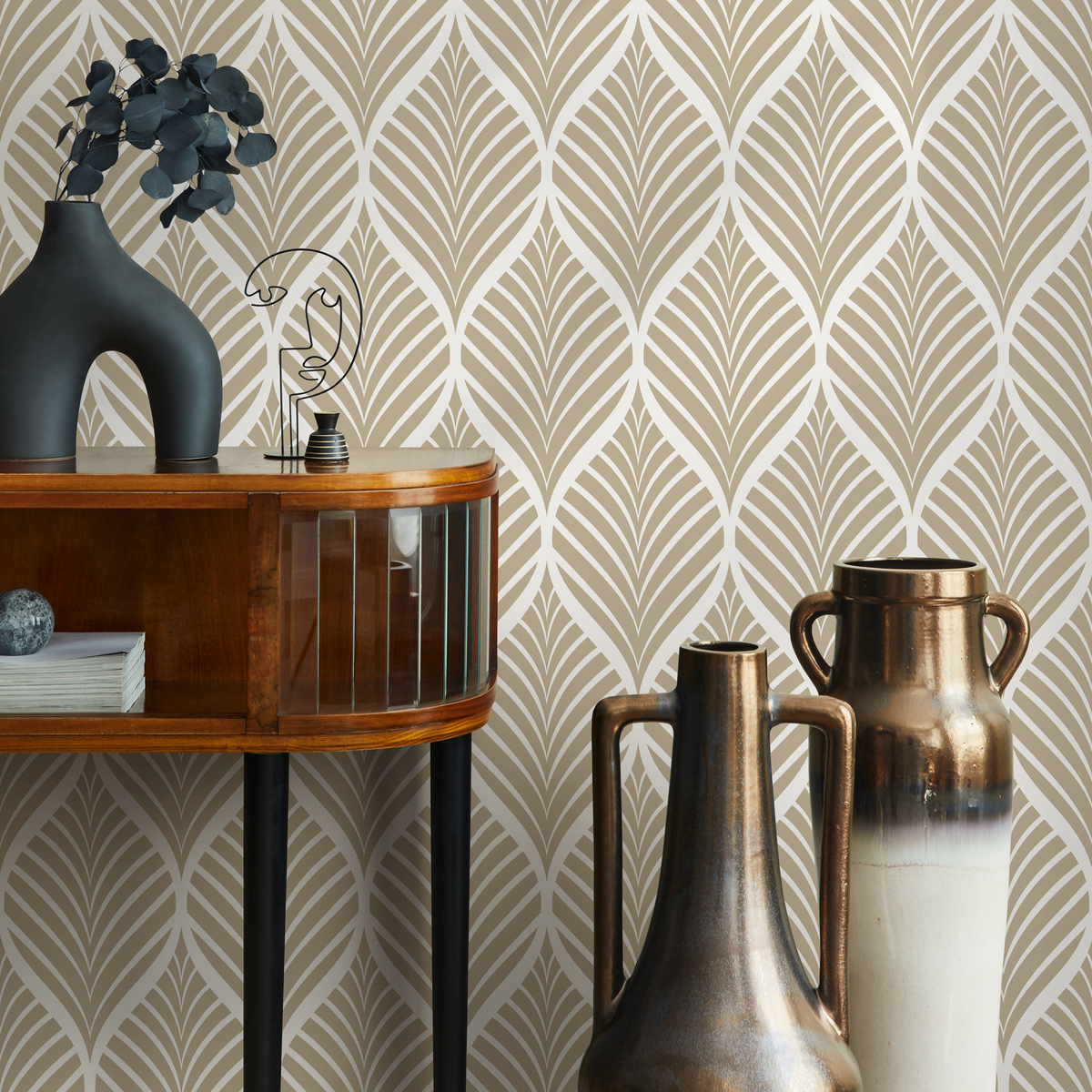 Art Deco Wallpaper with a Stylized Leaf Motif in Taupe and White - detail view