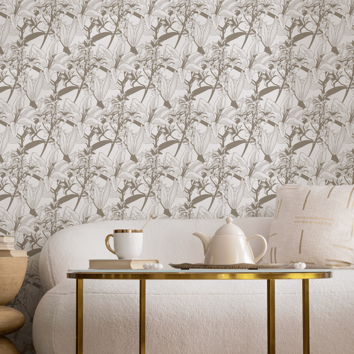 Floral Wallpaper with an Intricate Lily Sketch in Brown - detail view