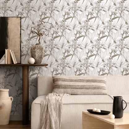 Brown Lily Floral Wallpaper / Peel and Stick Wallpaper Removable Wallpaper Home Decor Wall Art Wall Decor Room Decor - C777