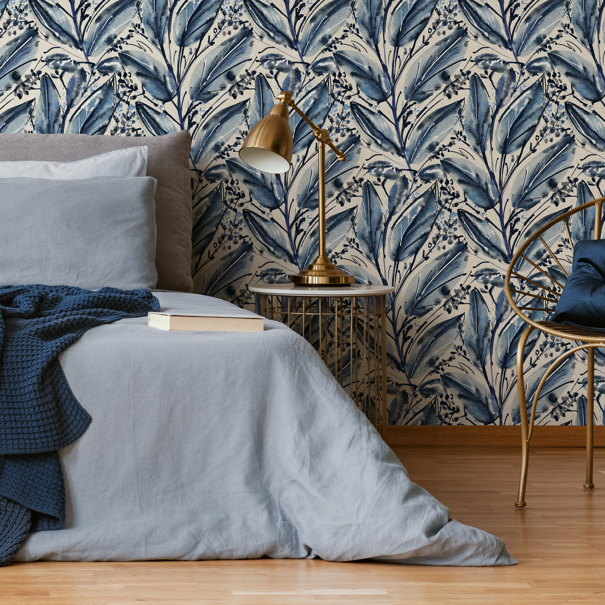 Botanical Wallpaper Featuring Watercolor Leaves in Blue and Black - detail view