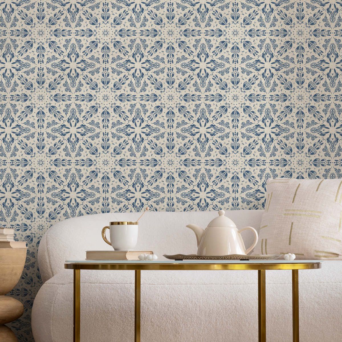 Victorian Wallpaper with an Intricate Medallion Motif in Blue and Beige - detail view