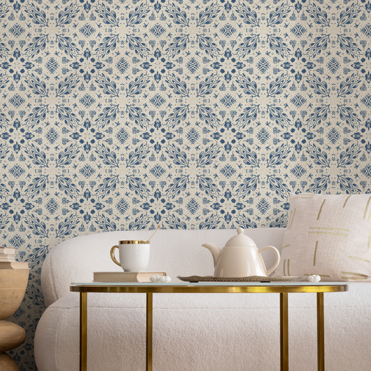 Blue Leaf Victorian Wallpaper / Peel and Stick Wallpaper Removable Wallpaper Home Decor Wall Art Wall Decor Room Decor - C783