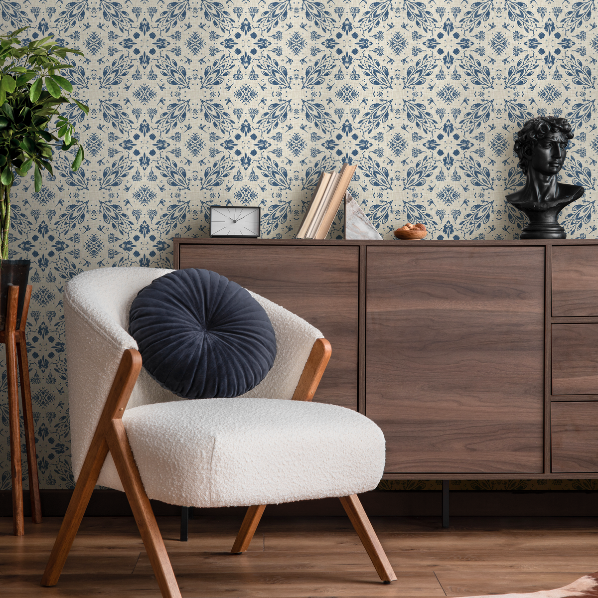 Victorian Wallpaper Featuring a Leaf Tile Motif in Blue and Cream - detail view