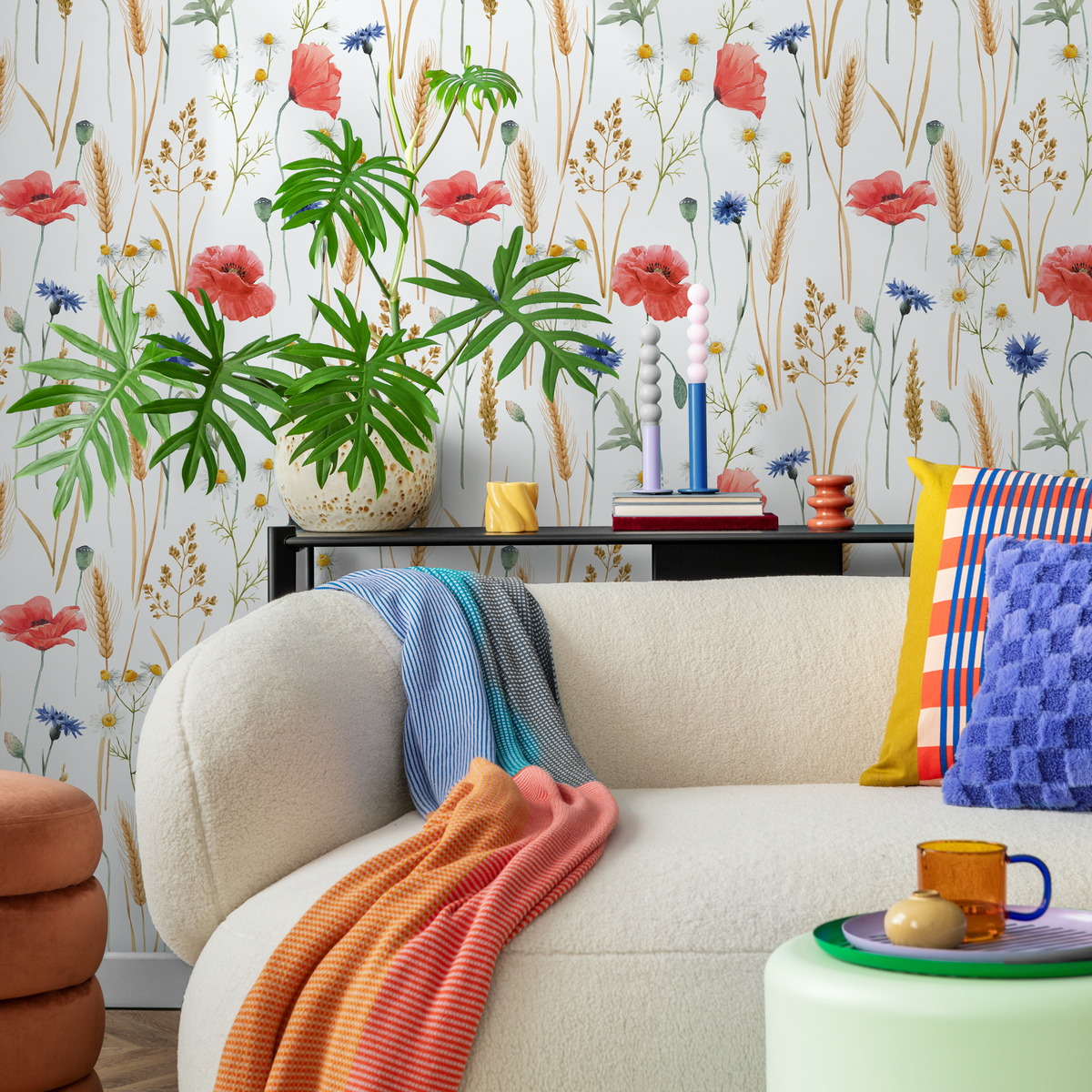 Botanical Wallpaper Featuring Poppies and Cornflowers in Red, Blue, and Gold - detail view