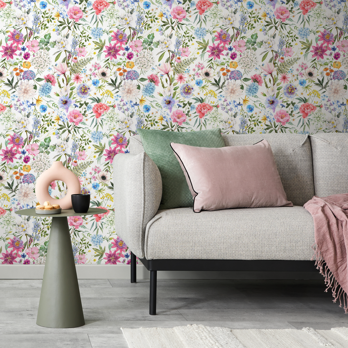Botanical Wallpaper with a Watercolor Wildflower Meadow in Pink, Blue, and Purple - detail view