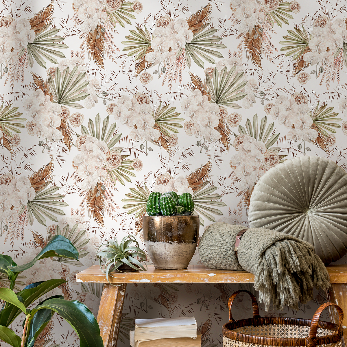 Boho Wallpaper with Dried Palms and Orchids in Beige and Green - detail view