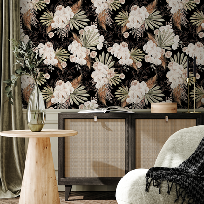 Black Boho Floral Wallpaper / Peel and Stick Wallpaper Removable Wallpaper Home Decor Wall Art Wall Decor Room Decor - C787