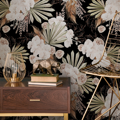 Black Boho Floral Wallpaper / Peel and Stick Wallpaper Removable Wallpaper Home Decor Wall Art Wall Decor Room Decor - C787