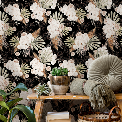 Black Boho Floral Wallpaper / Peel and Stick Wallpaper Removable Wallpaper Home Decor Wall Art Wall Decor Room Decor - C787