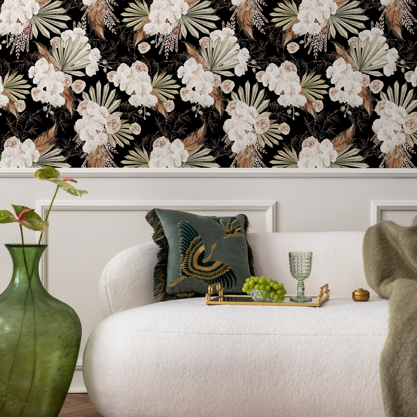 Black Boho Floral Wallpaper / Peel and Stick Wallpaper Removable Wallpaper Home Decor Wall Art Wall Decor Room Decor - C787