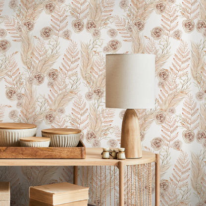 Neutral Boho Flower Wallpaper / Peel and Stick Wallpaper Removable Wallpaper Home Decor Wall Art Wall Decor Room Decor - C788