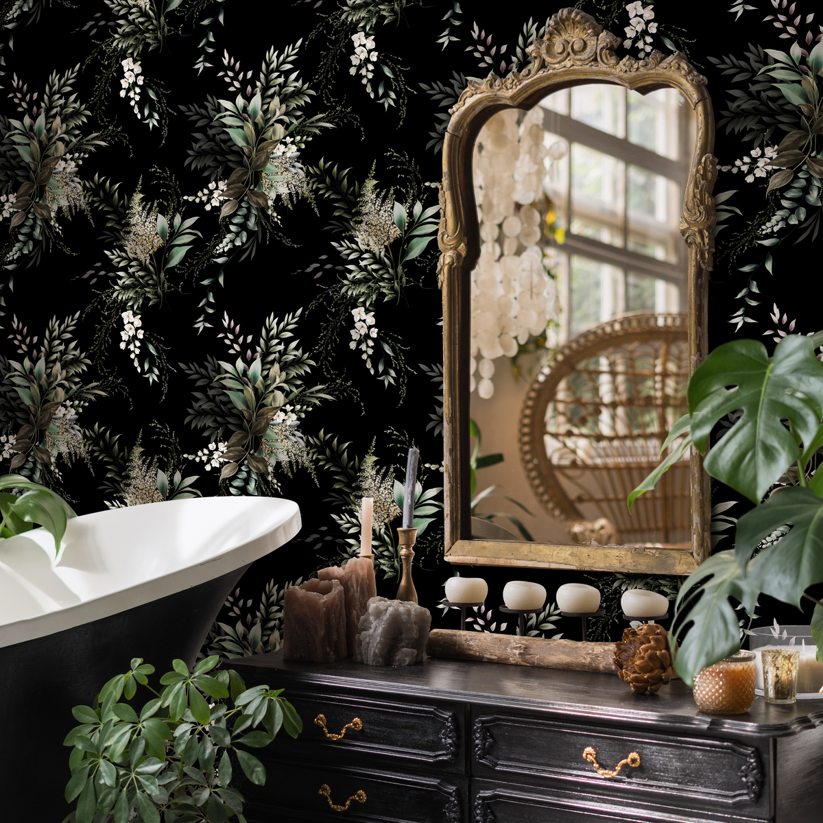 Botanical Wallpaper with Lush Foliage Bouquets in Black, Green, and White - detail view